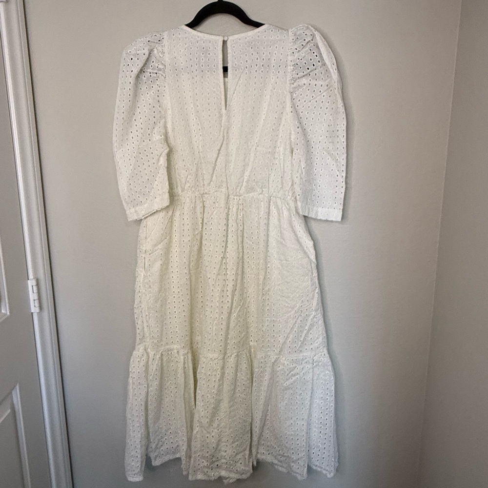 A New Day White Eyelet Midi Dress 100% Cotton Puff Sleeve Pockets LWD Bride L - Picture 6 of 11